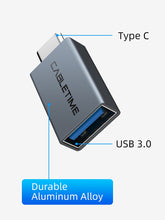 CABLETIME- OTG Adapter USB-C Male to USB3.0 Female, Charge: 0.5A max, Transmit Rate: 480Mbps, Nickle plated with Alumium Housing, SKU- CT-C160-PU33-CMAF(OTG)-AS